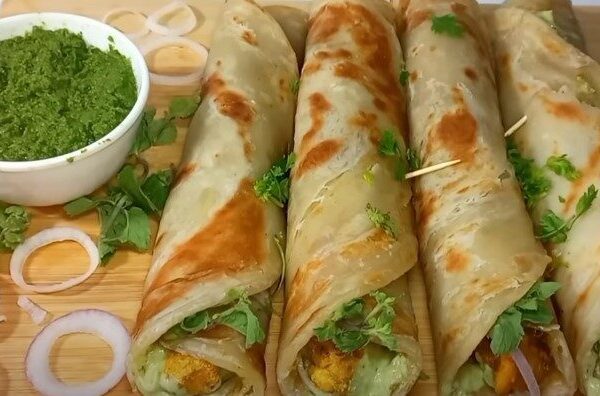 Chicken Tikka Paratha Roll Recipe with Chutneys